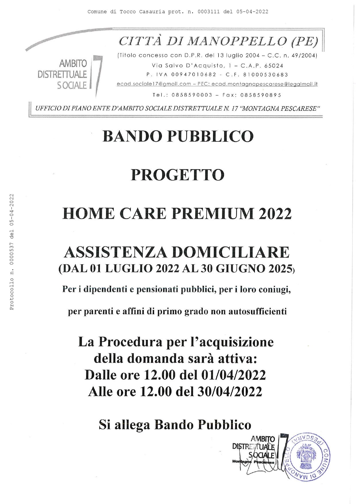 BANDO PUBBLICO - Progetto Home Care Premium 2022 - Assistenza domiciliare